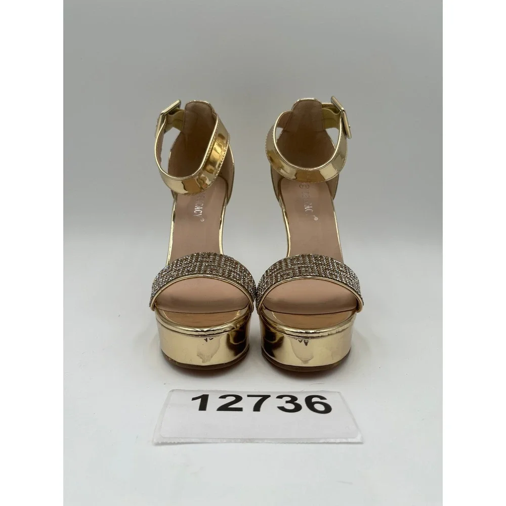 Delicacy Stiletto Heels Platform Sandals Womens 7.5 Gold Rhinestone Ankle Strap